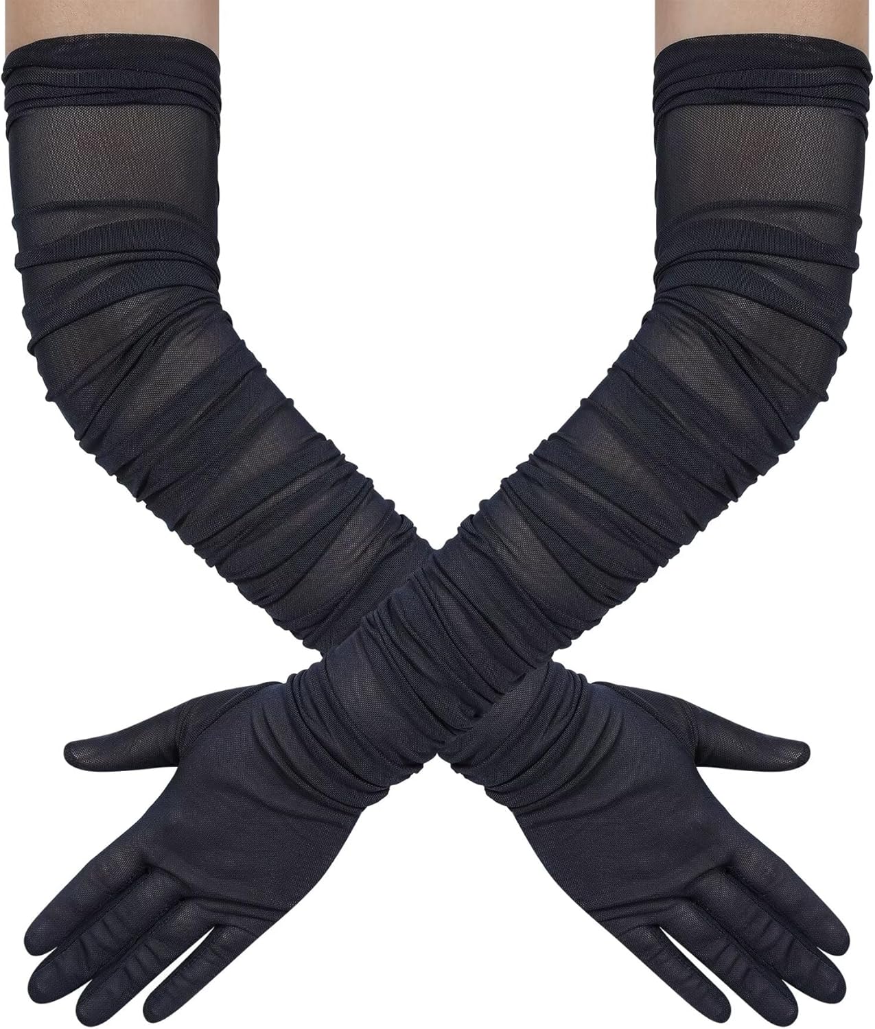 Hazhlko Women's Super Long Stretchy Ruched Mesh Tulle Sheer Gloves Costume Opera Party 1920's Dance Gloves