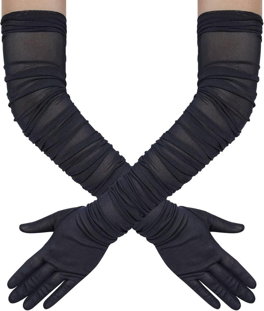 Hazhlko Women's Super Long Stretchy Ruched Mesh Tulle Sheer Gloves Costume Opera Party 1920's Dance Gloves