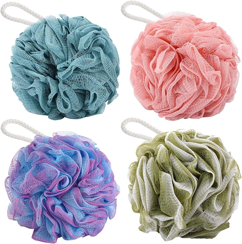 BTYMS 4 Pieces Shower Loofahs Bath Sponges 60g/pcs Mesh Puffs Body Scrub Luffas Bath Scrunchies for Shower Exfoliate
