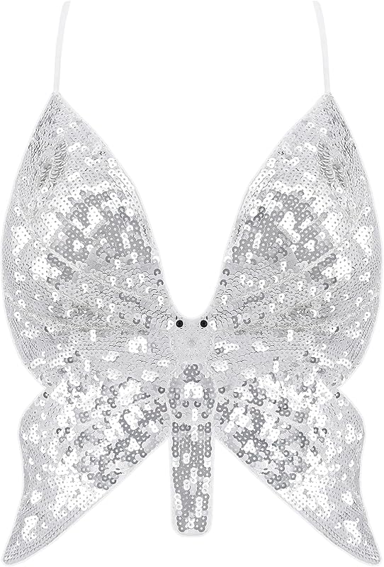 Mocure Womens Glitter Sequin Butterfly Crop Top Low-Cut Tank Top Rave Tube Vest Top for Belly Dance Costume Outfits
