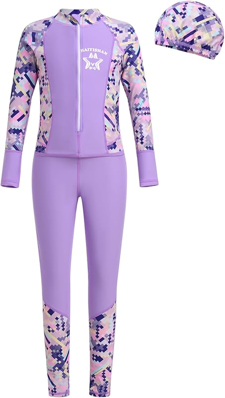 IDOPIP Girls One Piece Swimsuit with Cap Kids Long Sleeve Rash Guard Zip Surfing Swimwear UPF 50+ Sun Protection Bathing Suit