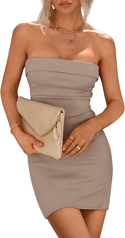 PRETTYGARDEN Summer Dresses for Women 2025 Strapless Off Shoulder Ribbed Knit Bodycon Elegant Classy Trendy Mini Beach Dress