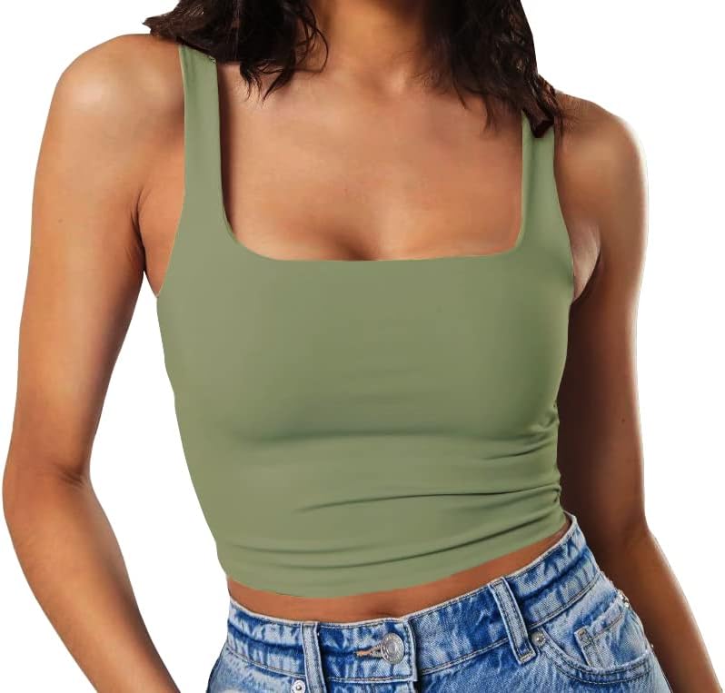 Artfish Women's Sleeveless Strappy Tank Square Neck Double Layer Workout Fitness Casual Basic Crop Tops