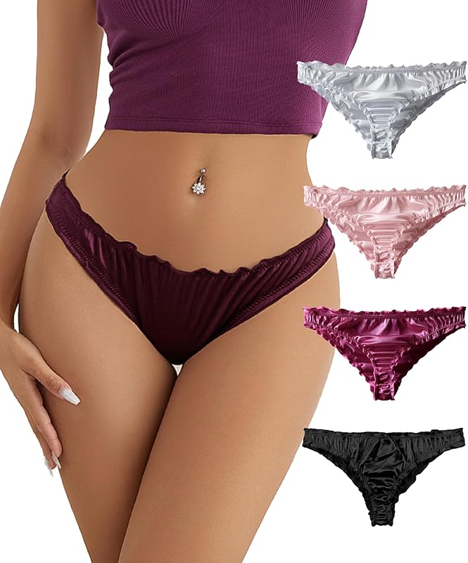 Women's Satin Thongs Silk Feeling Bikini Briefs Underwear Ruched G-String Thong Panties Smooth Panties 4 Pack