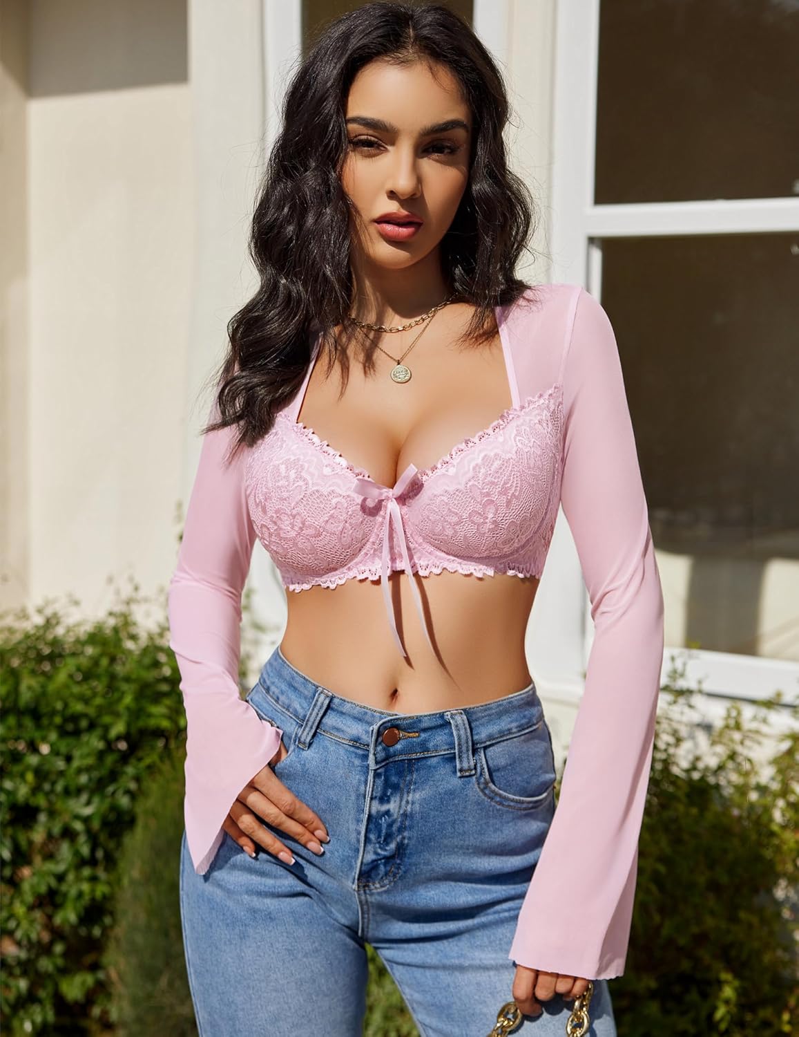 Avidlove Women's Sexy Contrast Lace Mesh Lingerie Set 3pcs Bell-Sleeved Top Lingerie Skirt