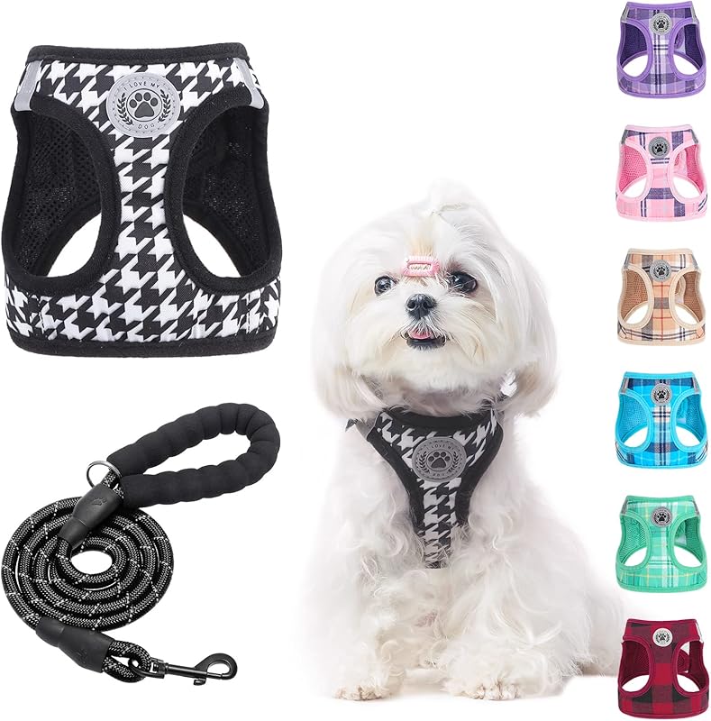BEAUTYZOO Plaid Dog Harness and Leash Set for XS S Pets, Step-in No Choke No Pull Soft Mesh Vest Harness, Reflective for Extra-Small/Small Medium Puppy Dogs and Cats, Beige S