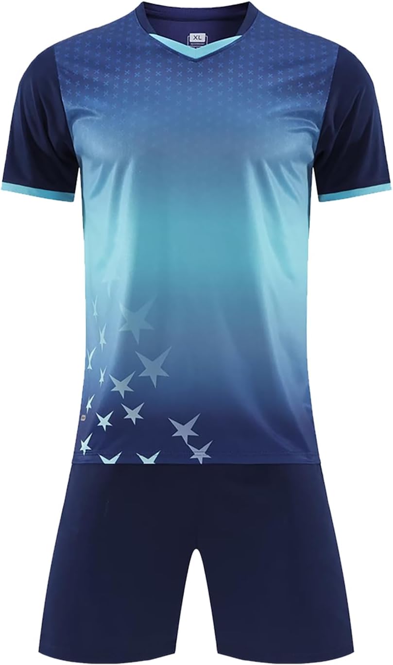 Kids Jersey Soccer Knit Set - 100% Polyester Quick Dry 1/4 Sleeve T-shirt, V-neck Gradient Mesh Soccer Set