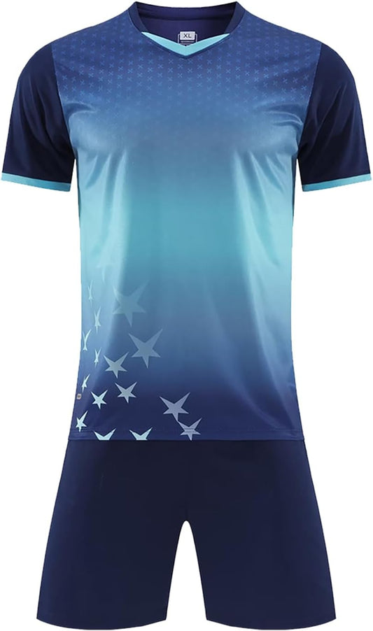 Kids Jersey Soccer Knit Set - 100% Polyester Quick Dry 1/4 Sleeve T-shirt, V-neck Gradient Mesh Soccer Set