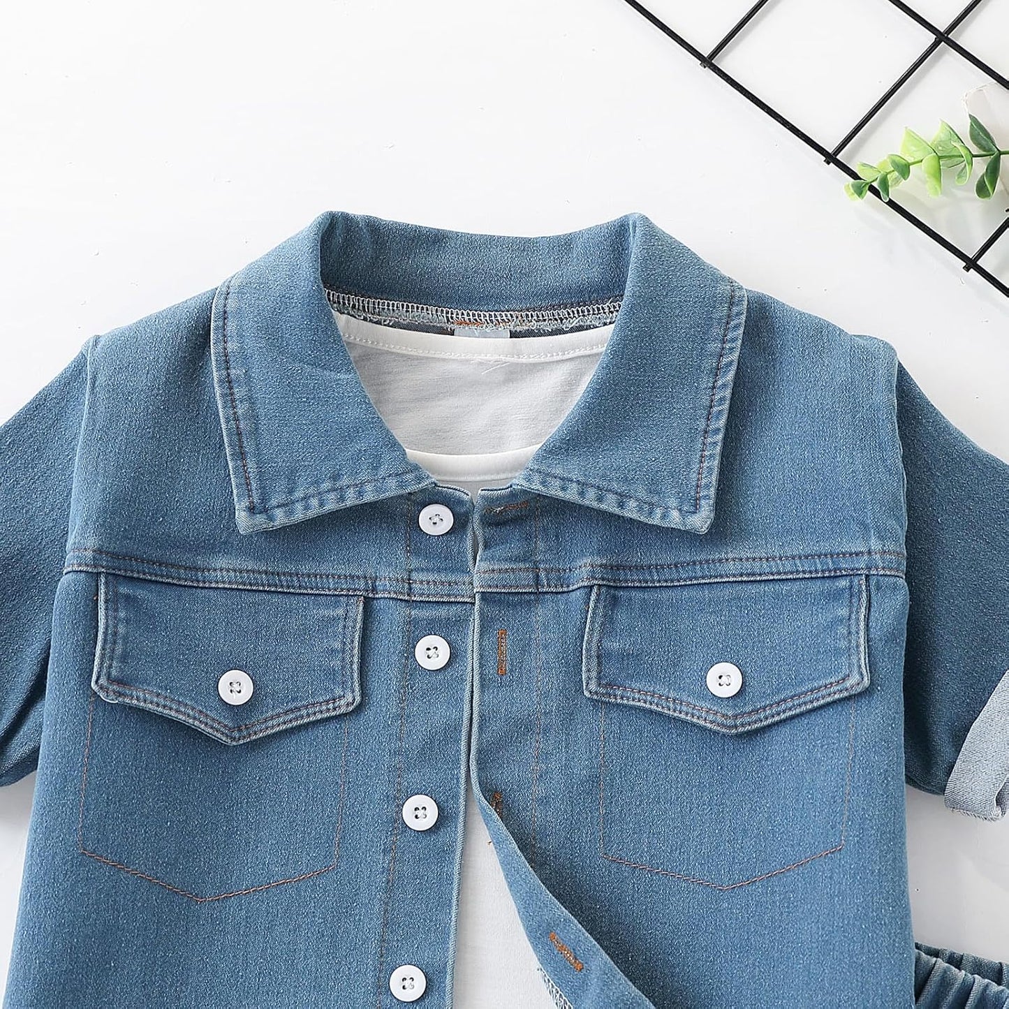 3-7T Toddler Boys Clothes Denim Outfit Set – Short Sleeve Button-Up Jean Jacket & Stretch Denim Shorts