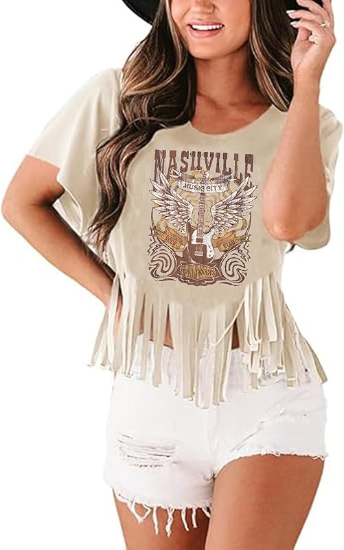 Nashville Tshirt for Women Country Concert Fringe Tops Country Music Shirts Short Sleeve Cowgirl Graphic Tees