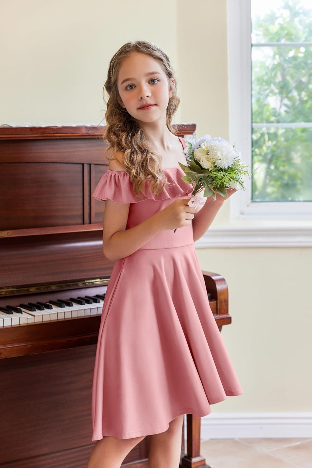 Arshiner Girls Summer Dress Off Shoulder Children's Dress Ruffle Sleeves Elegant Strap Dress Children A Line Swing Dress High Low Dress Casual Dresses with Pocket 4-13Years