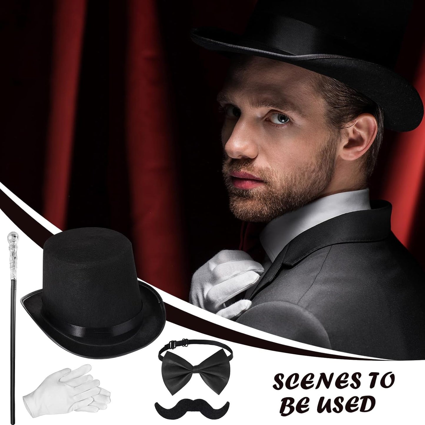 Jadive 6 Pcs 1920s Men Accessories Gentleman Costume Hat Round Head Scepter Magnifying Glass Necklace Bow Tie Gloves Beard