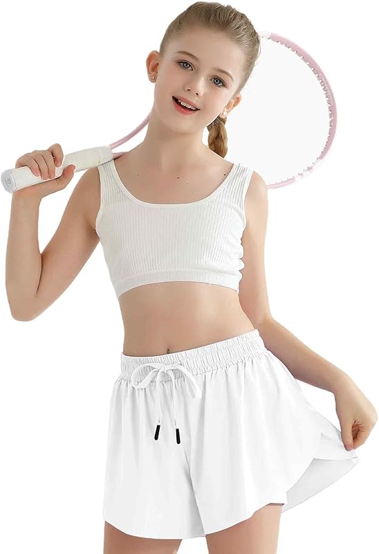 Girls Flowy Athletic Shorts with Pocket Kids Spandex 2 in 1 Drawstring Butterfly Skorts for Cheer, Dance, Running