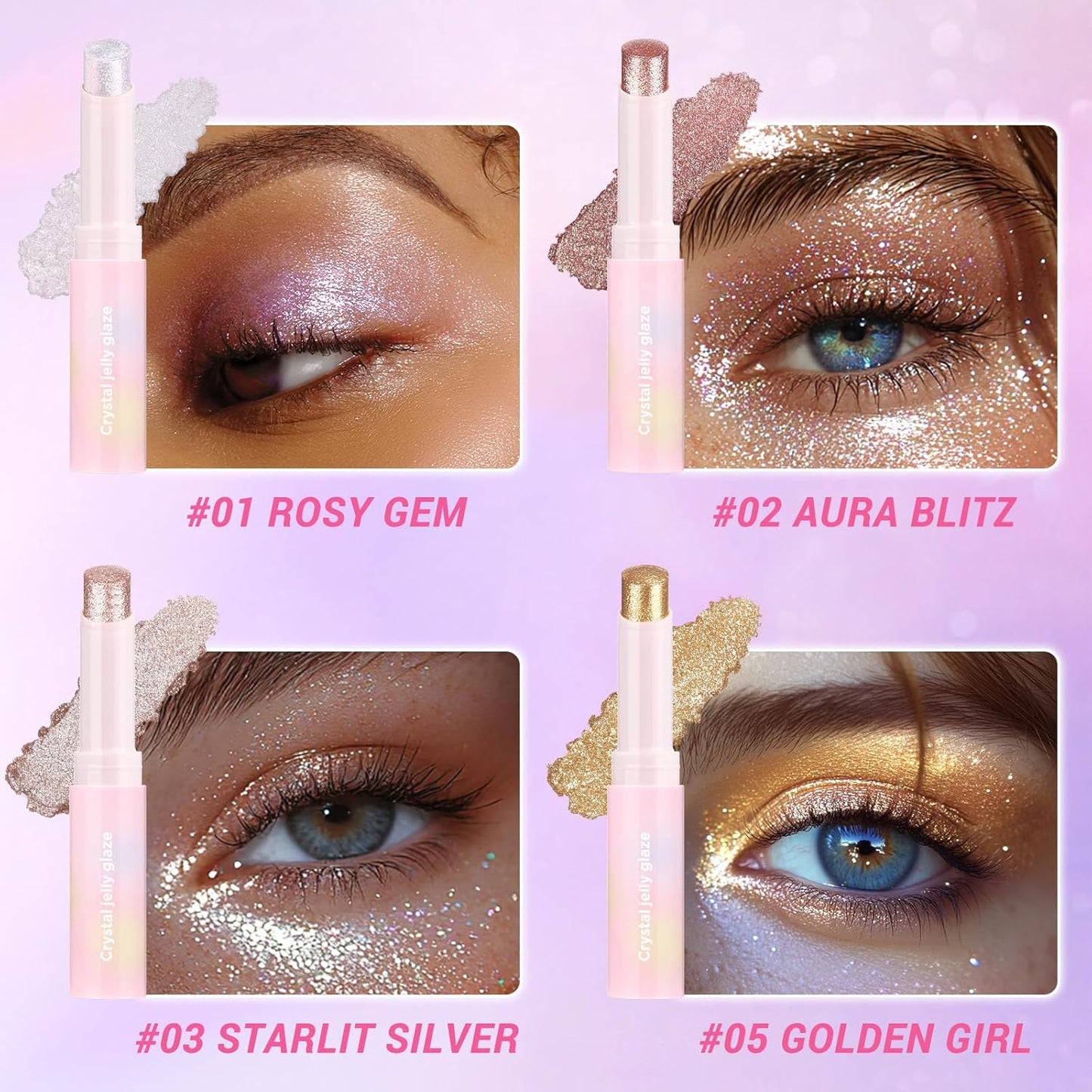 Crystal Hydrating Jelly Stick Eyeshadow Stick, Glitter Makeup Jelly Shimmer Eye Shadow Crayon, Lightweight Eye Brightener Makeup Glitter Eye Shadow (Multicolor, 4 colors)