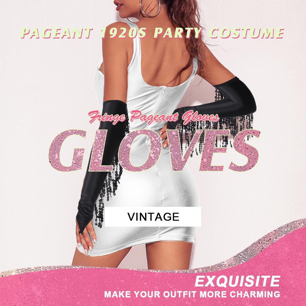 Women 1920s Tassel Glitter Long Gloves Sequin Opera Fingerless Glove Rave Party Satin Arm Sleeves(Black)
