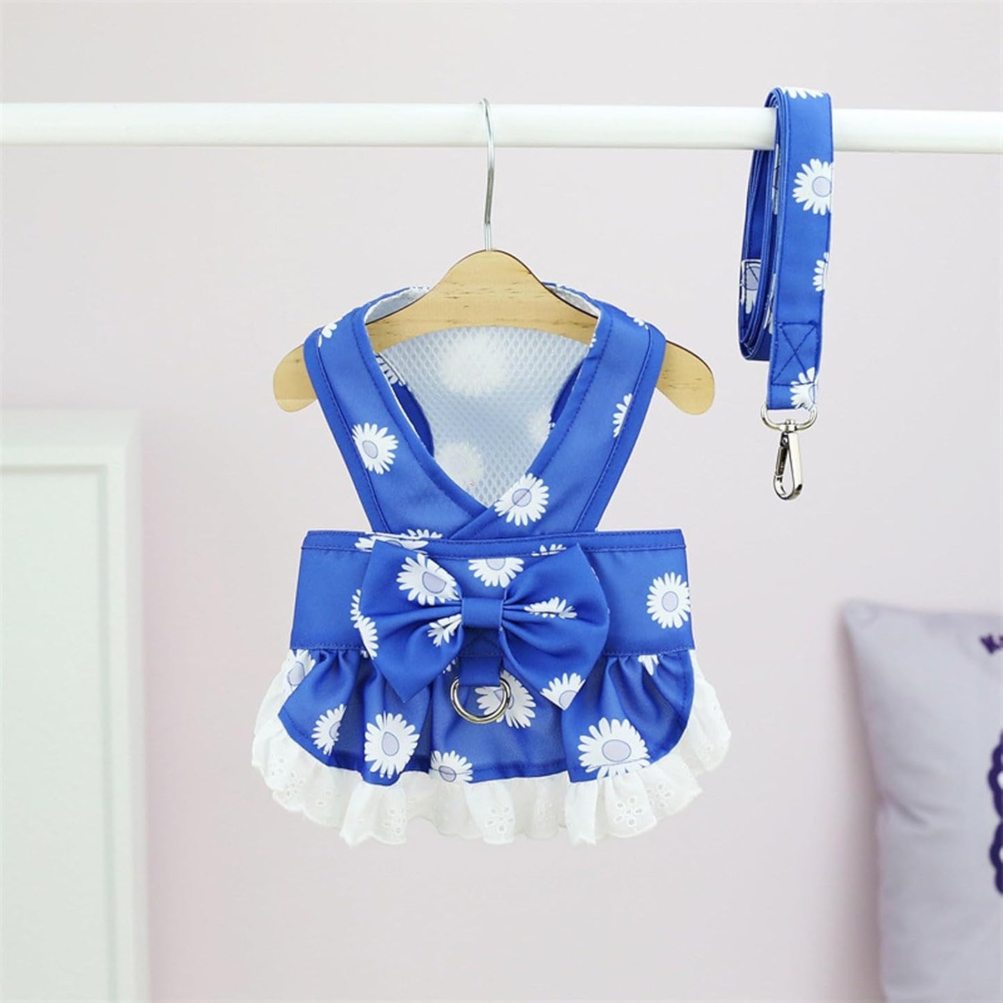 Dog Harness Dress for Small Dog Daisy Floral Pet Harness and Leash Set Bow Knot Girl Puppy Princess Skirt with D-Ring Mesh Summer Pet Clothes for Cat Dogs (Blue, XS)