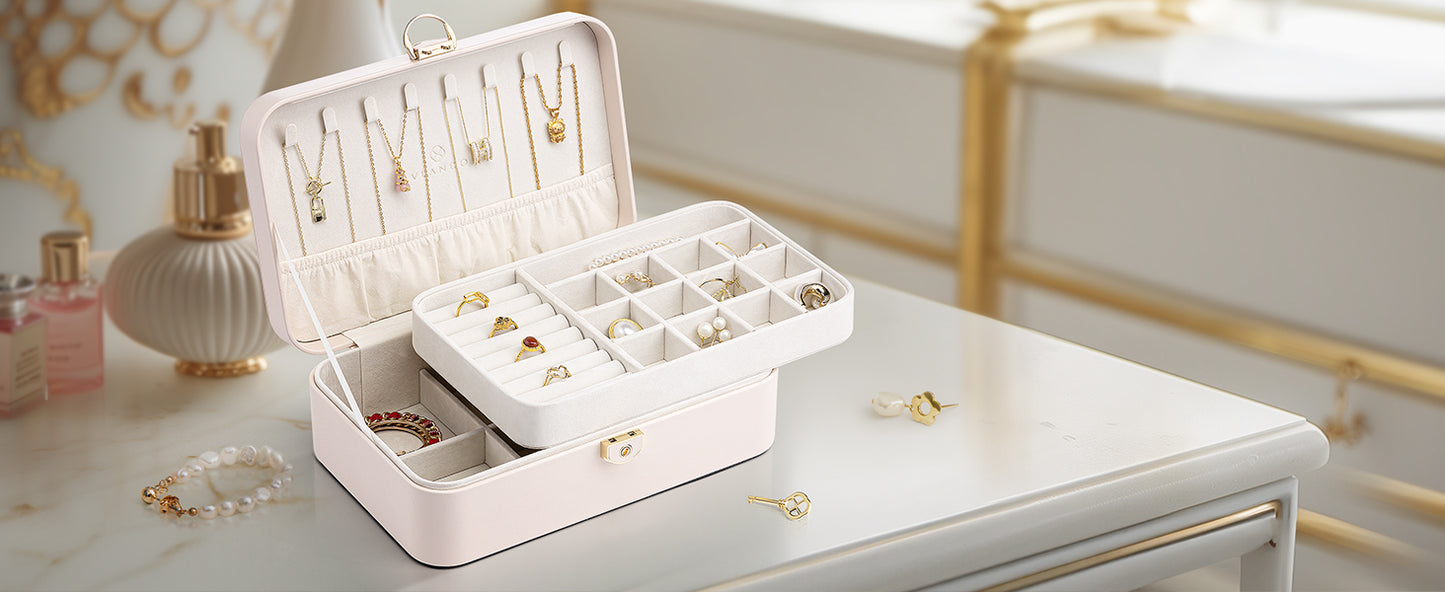 Vlando Jewelry Box Organizer for Women Girls, 2 Layer Jewelry Case with Lock,Jewelry Storage Earrings Necklace,Rings,Gift for Teachers Wedding Birthday Gifts-Cream White