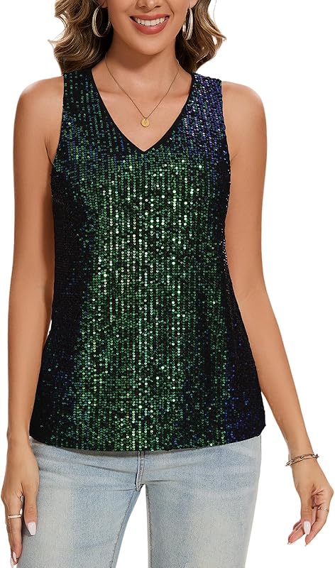 MINTLIMIT Womens Full Sequin Tank Tops Glitter Club Party Sleeveless Shirt Sparkle Blouses V-Neck Loose Shimmer Vests