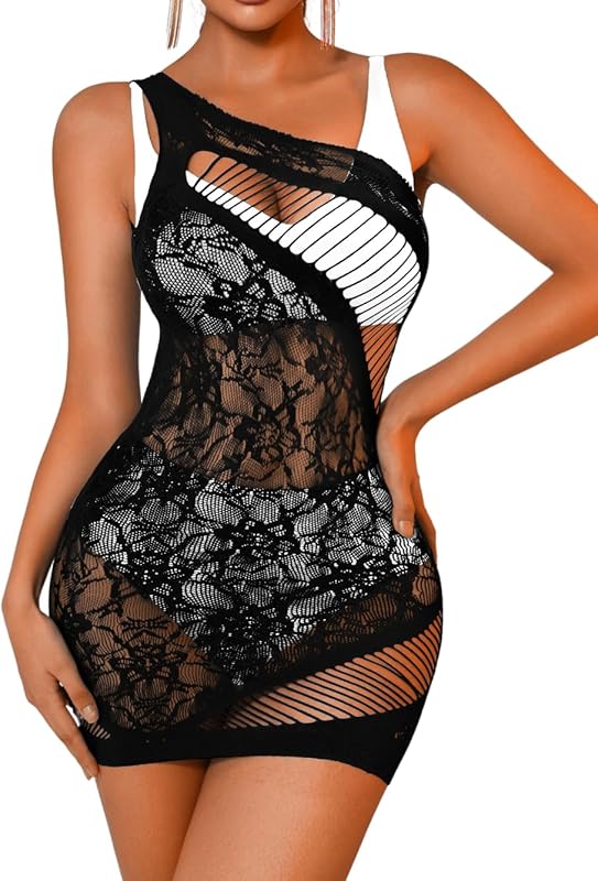 Lace Mini Dress Lingerie, Fit 0-16 Exotic Stripper Outfit for Women, Sexy Floral Mesh See Sheer Through Plus Size