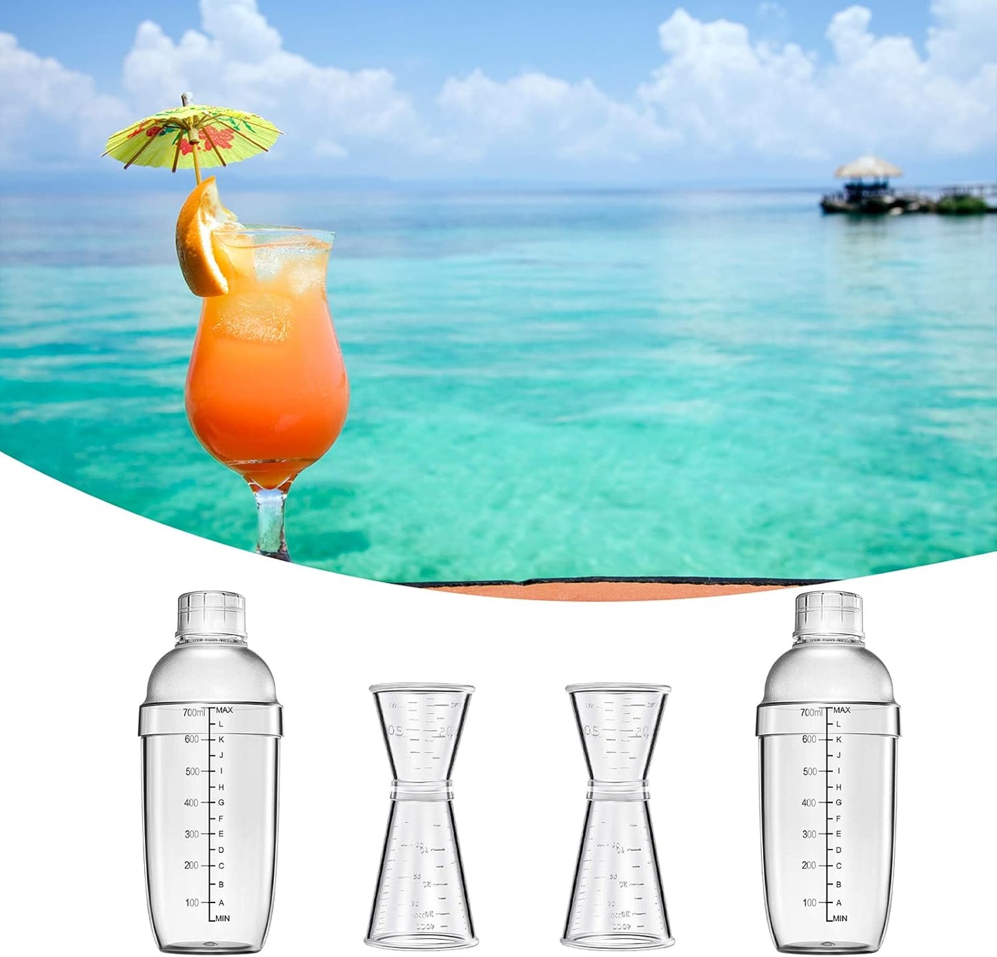 4 pcs Clear Cocktail Shaker Set 2 pcs Plastic bar Shaker with 2 pcs Plastic Cocktail Double Measuring Jigger