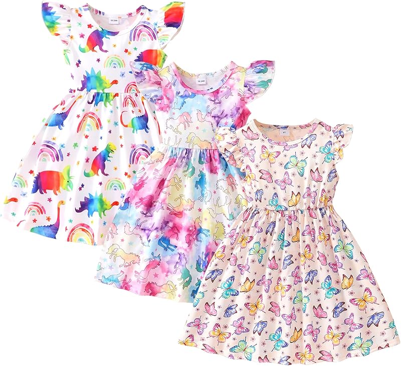 Toddler Little Girls Casual Dresses Short Sleeve Crew Neck Graphic Cartoon Dress for 2-8 Years