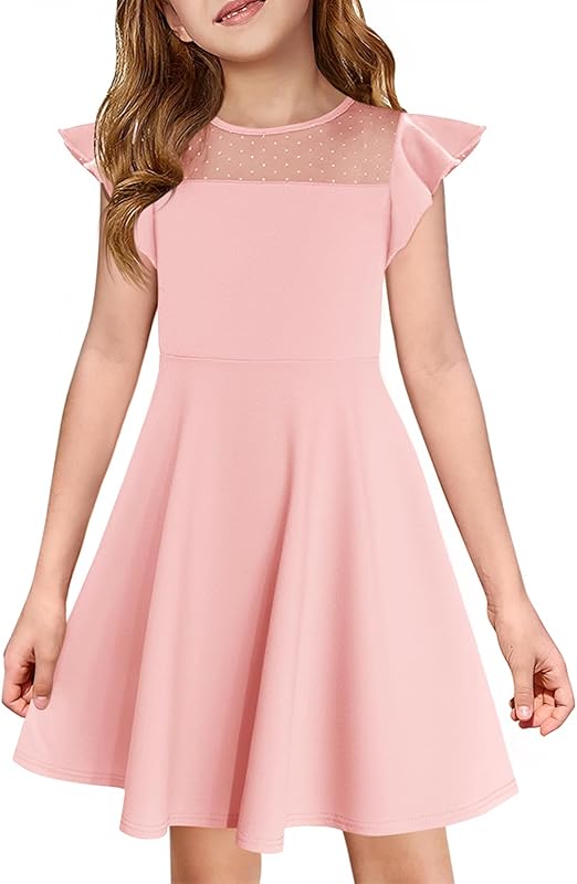 Haloumoning Girls Dress Summer Ruffle Sleeve Mesh A Line Casual Party Dresses with Pockets for Kids 4-14 Years