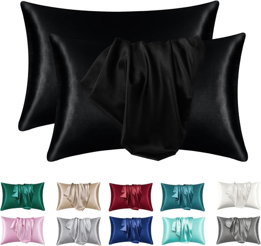 Satin Silk Pillowcases for Skin and Hair,Set of 2 Satin Pillow Cases for Women with Envelope Closure,Soft Breathable Smooth Cooling Silk Pillow Covers for Gifts，Solid Black，Queen (20" x 30")
