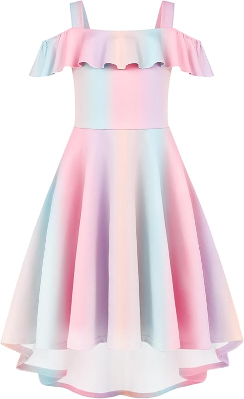 Arshiner Girls Summer Dress Off Shoulder Children's Dress Ruffle Sleeves Elegant Strap Dress Children A Line Swing Dress High Low Dress Casual Dresses with Pocket 4-13Years
