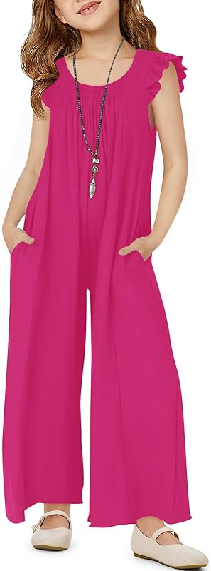 Haloumoning Girls Wide Leg Loose Jumpsuit Kids Casual Ruffle Sleeve Round Neck Romper with Pockets 5-14 Years