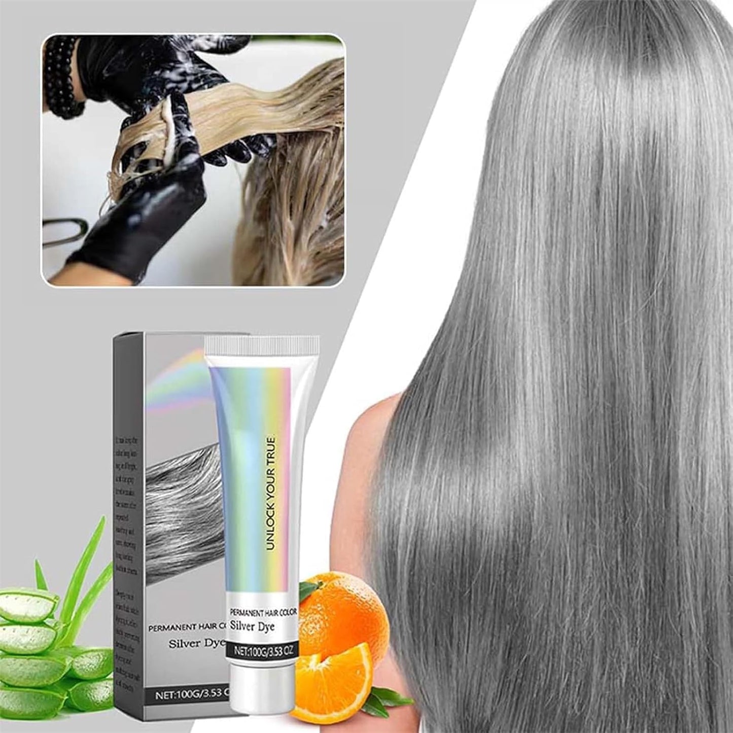 2 in 1 Natural Essence Extract Silver Hair Dye, Silver Metallic Hair Dye, Silver Gray Natural Hair Dye Cream, Fashion Silver Gray Hair Dye Permanent, for All Hair Types (Silver, 1Pcs)