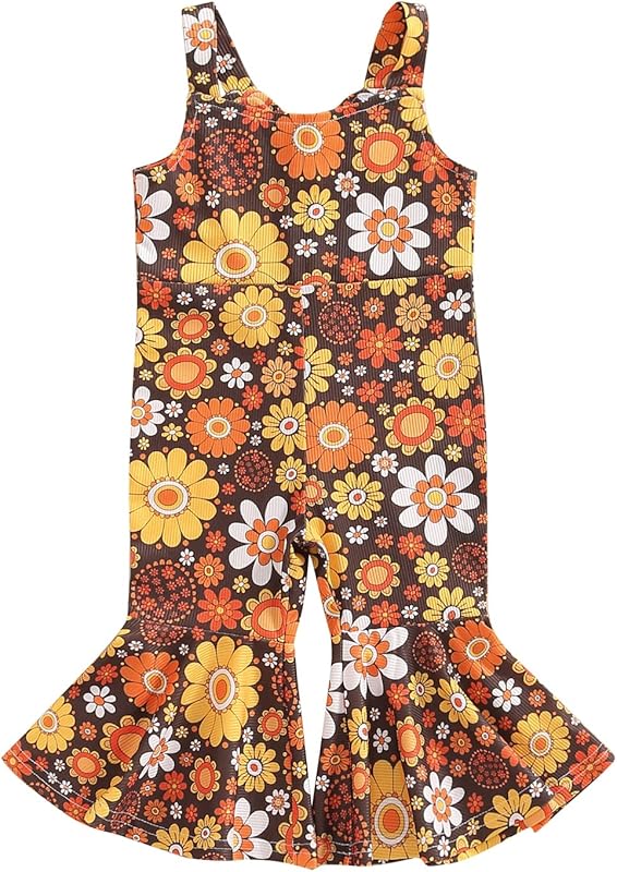 Emmababy Baby Girl Bell Bottoms Romper Toddler Floral Overalls Suspender Flare Pants Sleeveless Strap Jumpsuit Fall Clothes