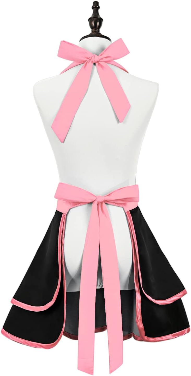 Violet Mist Cute Lovely Retro Aprons for Women Girls Ladies Sexy Vintage Aprons Black Pink Vintage 50s Apron Halloween Christmas Apron Cooking Kitchen Ruffle Apron for Housewife Waitress Mother's Gift