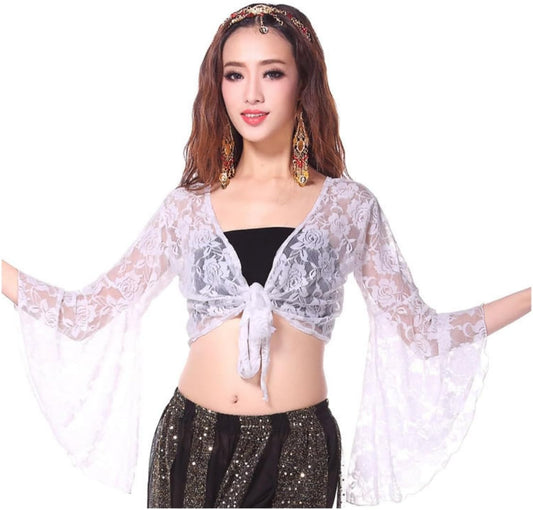 Women Belly Dance 3/4 Flared Sleeve Wrap Top, Knot Bandage Floral Shawl Crop for Dancewear, Lace Butterfly Tribal Yoga Costume Accessories for Women Girls