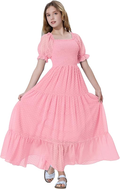 EXARUS Girls Maxi Long Smocked Dress Tween Swiss Dots Summer Square Neck Short Sleeve Casual A-line Dresses for 6-12Y