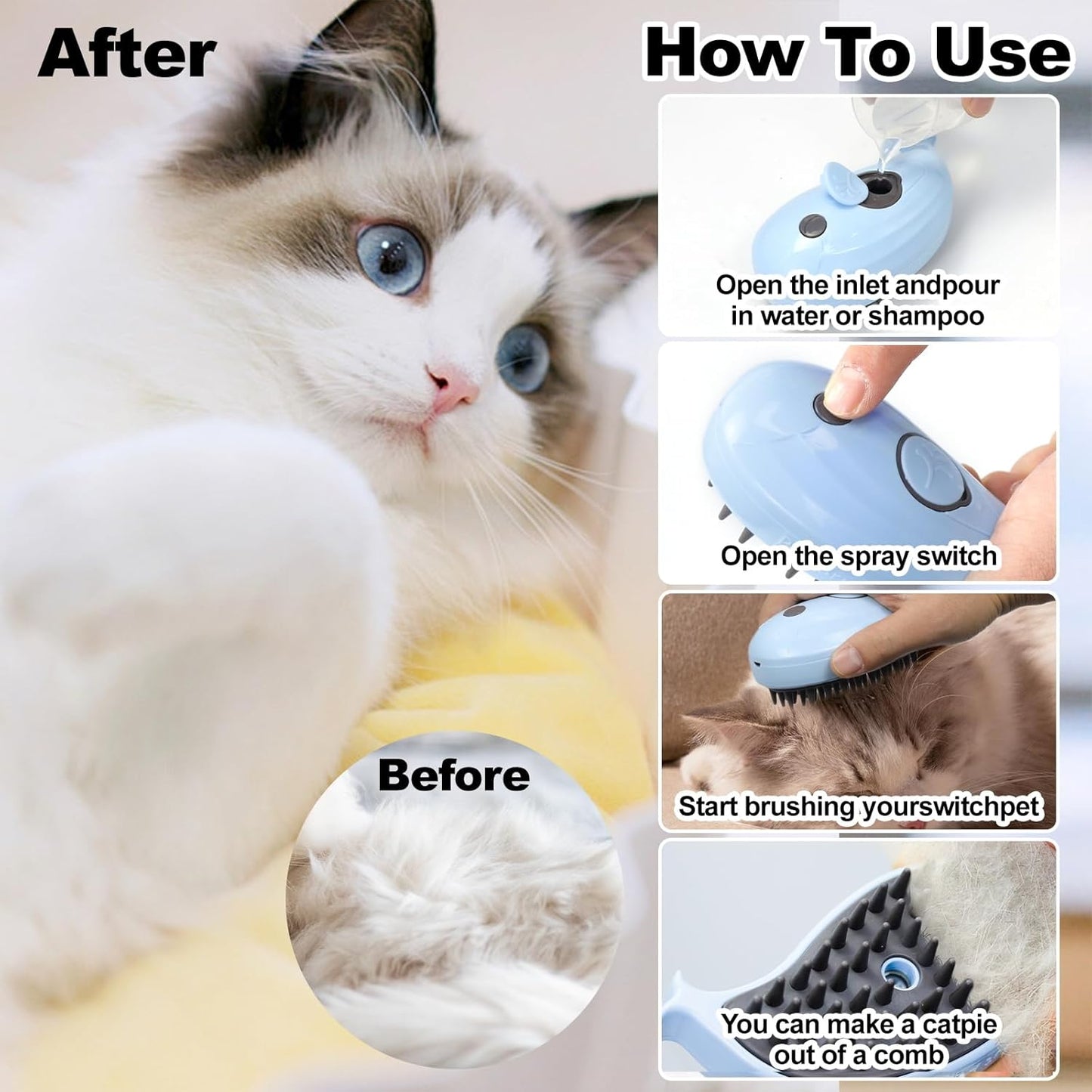 Cat Steam Brush for Shedding, Grooming With Steam, Rechargeable, Steamy Cat Brushes 3 In1, Self Cleaning Brush Massage,Clean and Removing Loose Hair-Blue
