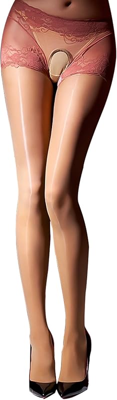 Women's Oil Shiny Pantyhose Lace Crotch High Waist Stockings Tights Oil Shimmer Tights Ultra Silky 8 Denier