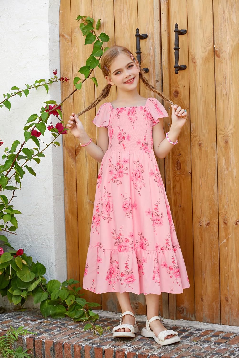 GRACE KARIN Girls Floral Dress Flutter Sleeve Square Neck Tiered Midi Dress Smocked Flared A-line Dress 5-14Y