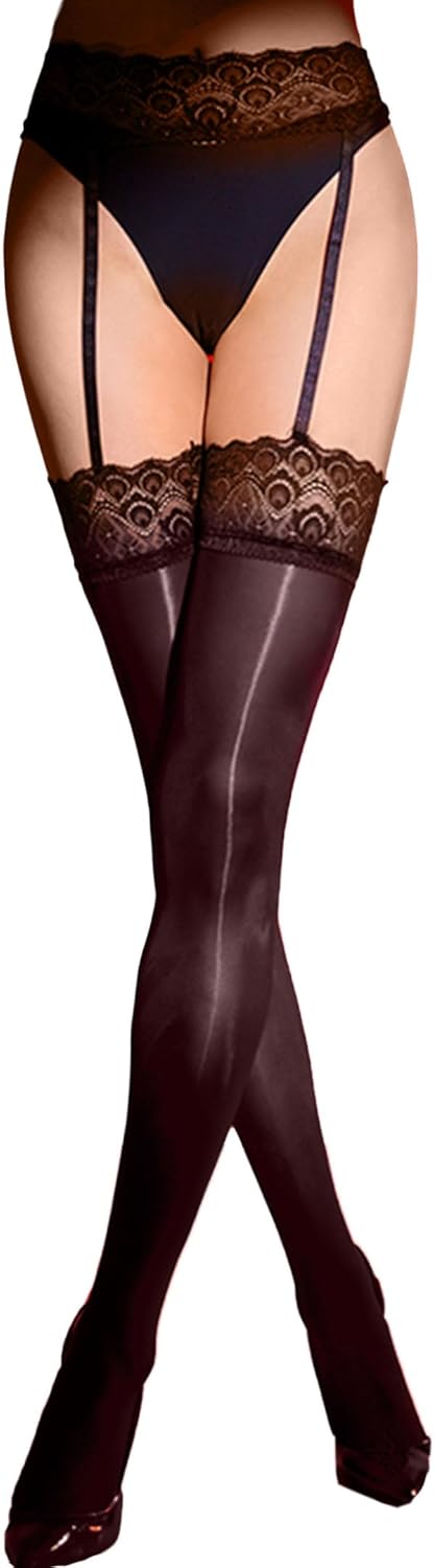 HTRUIYA Garter Stockings for Women Shiny Suspender Stockings Tights Lace Top Sheer Thigh High Silicone Control Pantyhose
