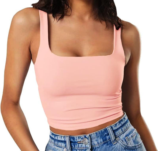 Artfish Women's Sleeveless Strappy Tank Square Neck Double Layer Workout Fitness Casual Basic Crop Tops