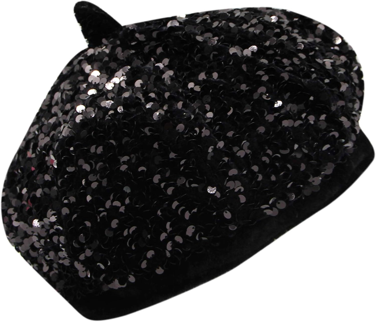 Women Beret Hat Glitter Sequins French Style Beanie Cap Adjustable Fashion Shimmer Hat for Girls Ladies