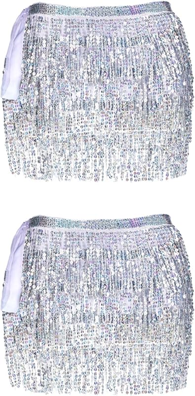 Women Belly Dance Skirt Tassel Fringe Skirts Sparkly Sequin Hip Scarf Party Costume
