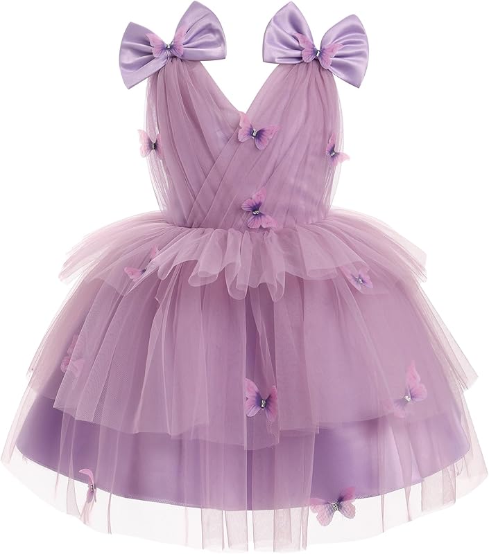 IMEKIS Toddler Girls Butterfly Birthday Dress Rainbow Tulle Formal Wedding Party Ruffle Tutu Dresses Photo Shoot