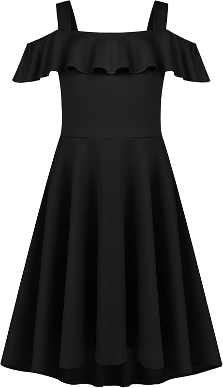 Arshiner Girls Summer Dress Off Shoulder Children's Dress Ruffle Sleeves Elegant Strap Dress Children A Line Swing Dress High Low Dress Casual Dresses with Pocket 4-13Years