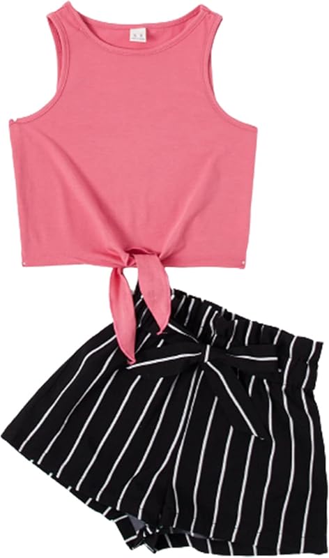 OYOANGLE Girl's 2 Piece Outfits Summer Tie Knot Tank Top and Paperbag Waist Striped Shorts Set