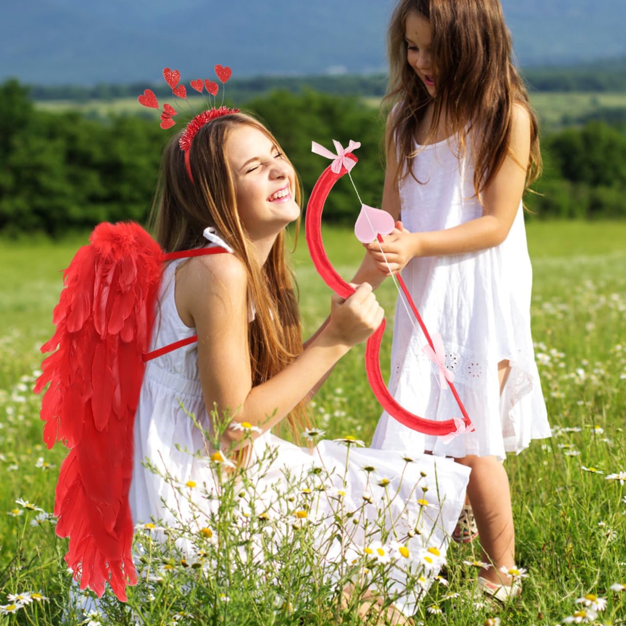TENDYCOCO Cupid Costume Set Cupid Bow and Arrow Angel Wings Cupid Prop Heart Headband Valentines Halloween Costume for Cosplay Kids Children Valentine's Day