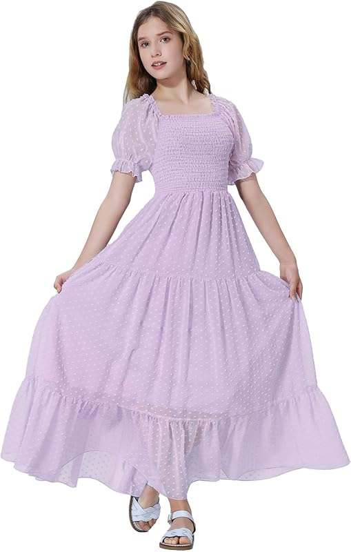EXARUS Girls Maxi Long Smocked Dress Tween Swiss Dots Summer Square Neck Short Sleeve Casual A-line Dresses for 6-12Y