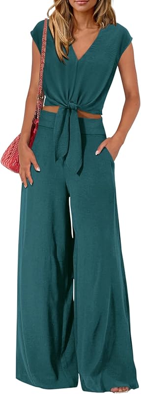 PRETTYGARDEN Women's Summer 2 Piece Outfits 2025 Cap Sleeve V Neck Belted Crop Tops Wide Leg Pant Sets Casual Tracksuit