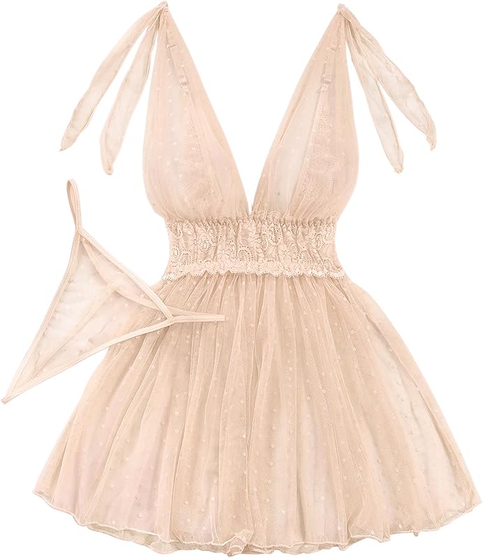 Lilosy Sexy Polka Dots Mesh Sheer Lace Babydoll Chemise Lingerie Set Floral Lace Sleep Wear