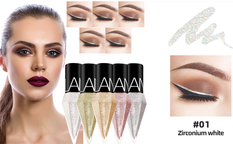 Go Ho Glitter Liquid Eyeliner Colorful Set,5 Colors Metallic Shimmer White Silver Gold Diamond Eye Liner,Glitter Eyeliner Eyeshadow Shine,Waterproof Long Lasting Glow Sparkle Eye Makeup