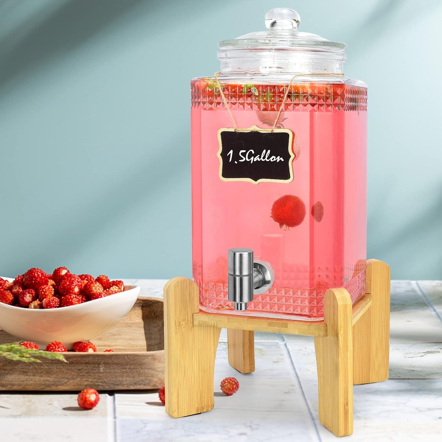 1.5 Gallon Glass Beverage Dispenser With Stand(Natual Bamboo). Water Drink Dispensers for Parties With Stainless Steel Spigot 100% Leakproof.Perfect For Parties And Daily Use. - TrendyLookz